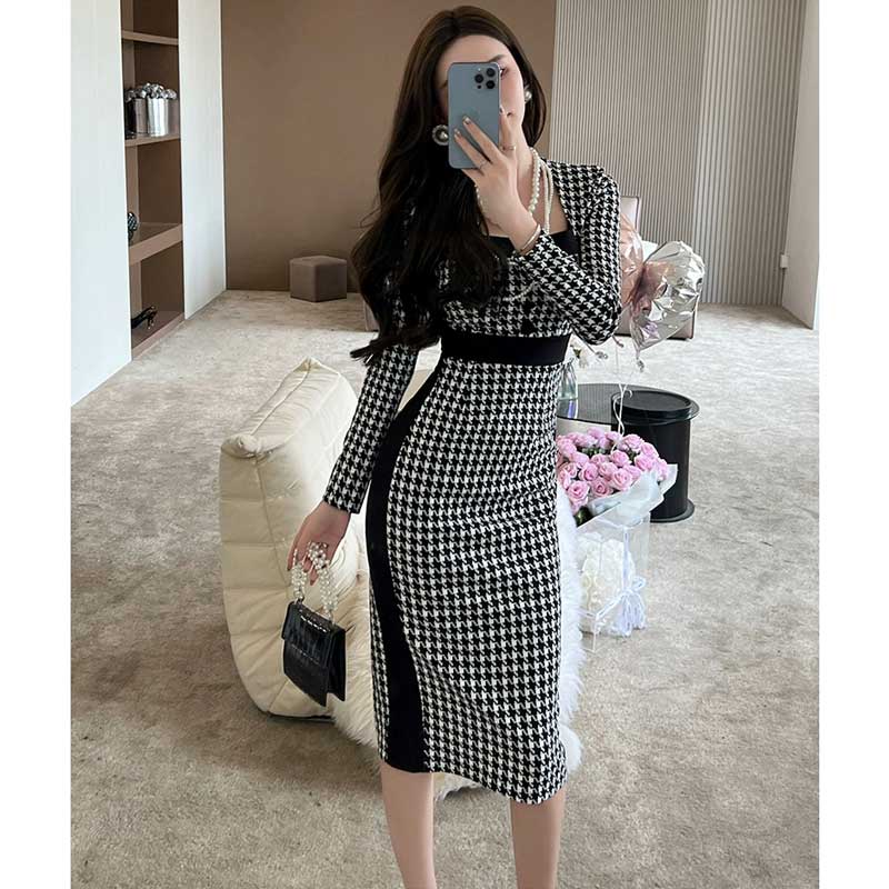 千鳥柄タイトワンピース