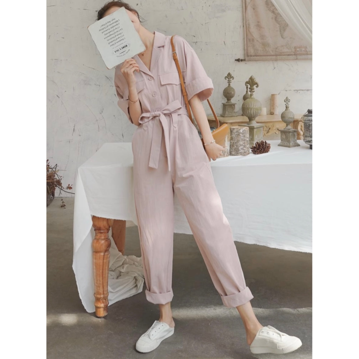 ウエストリボン付きオールインワン