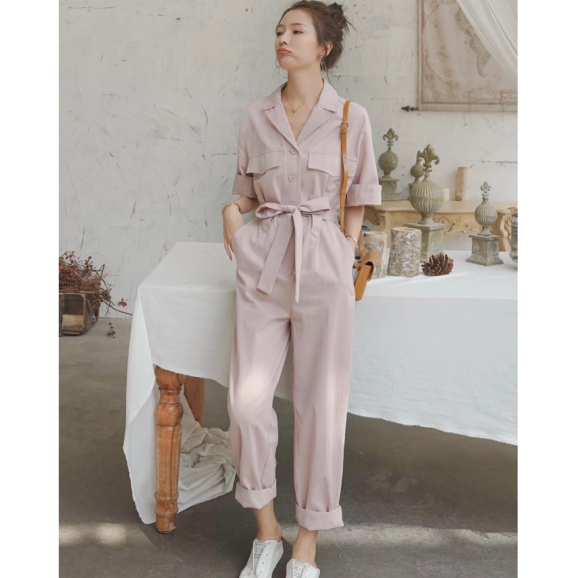 ウエストリボン付きオールインワン