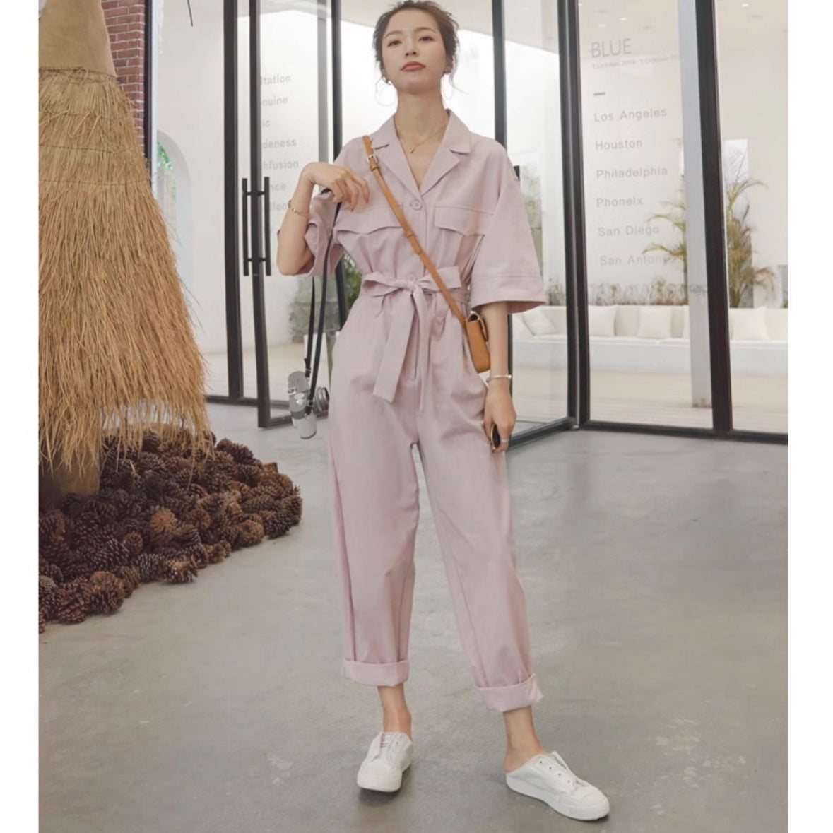 ウエストリボン付きオールインワン