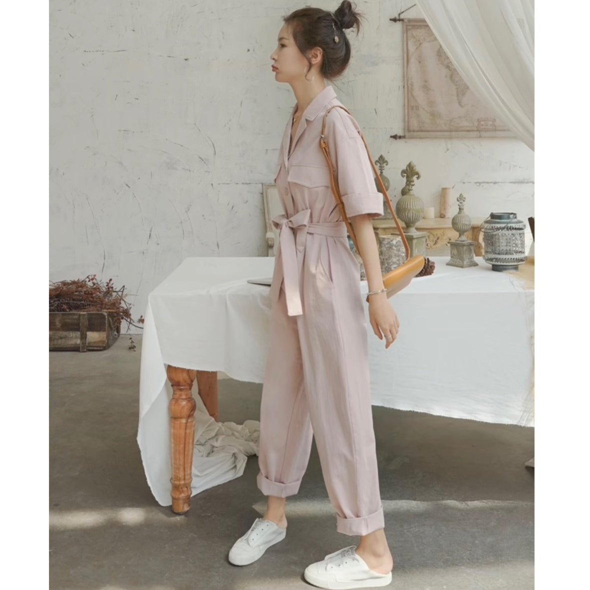 ウエストリボン付きオールインワン