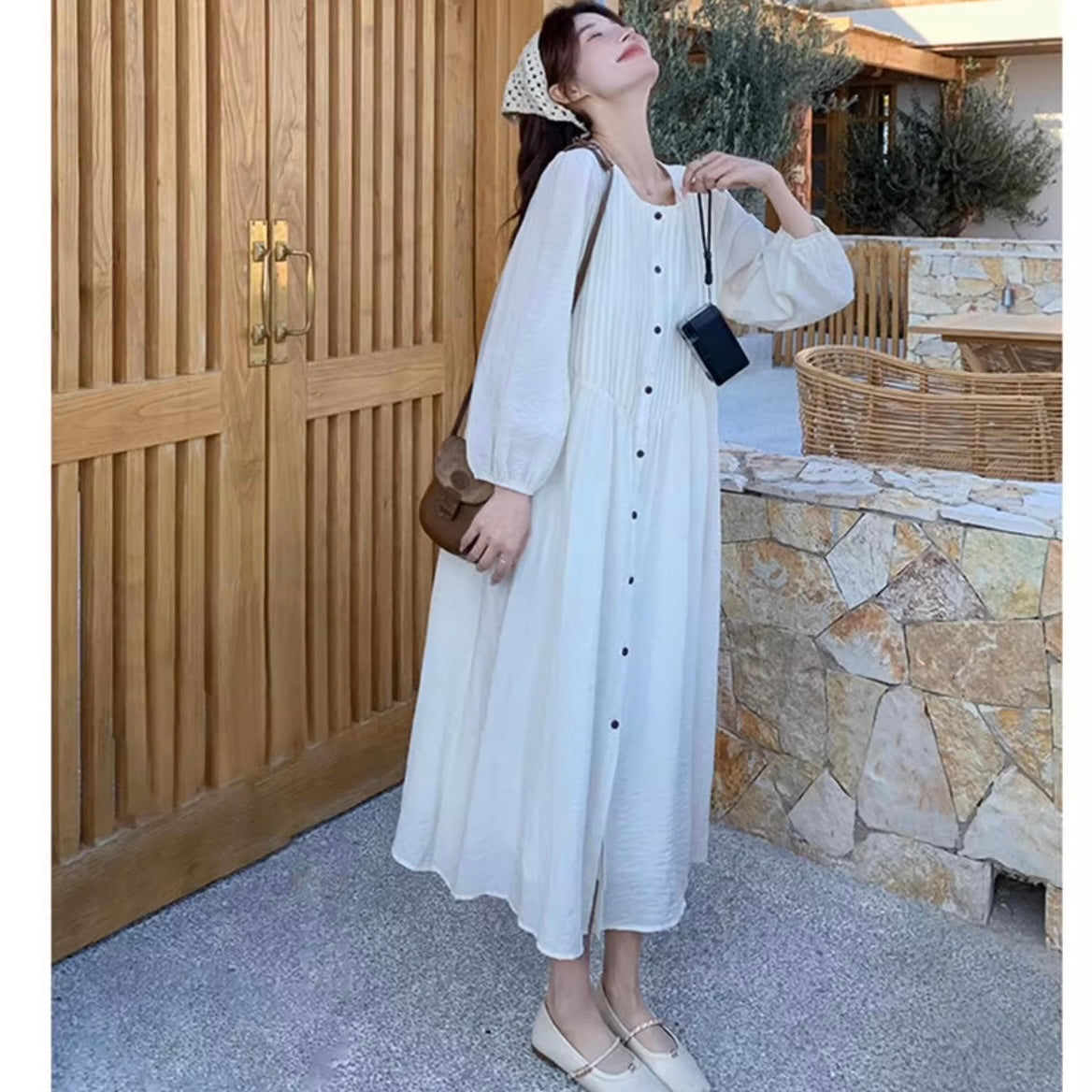フロントボタンプリーツロングワンピース