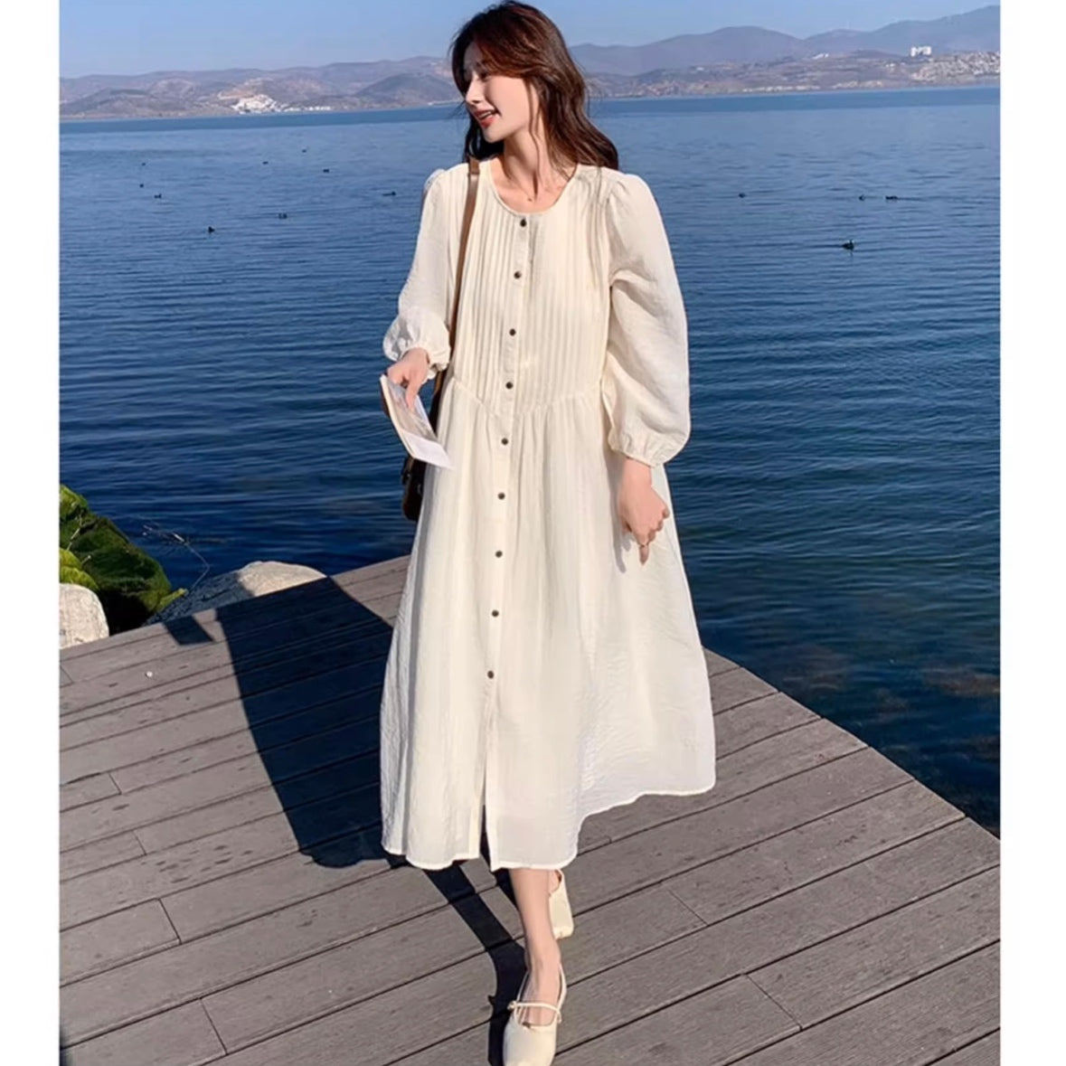 フロントボタンプリーツロングワンピース