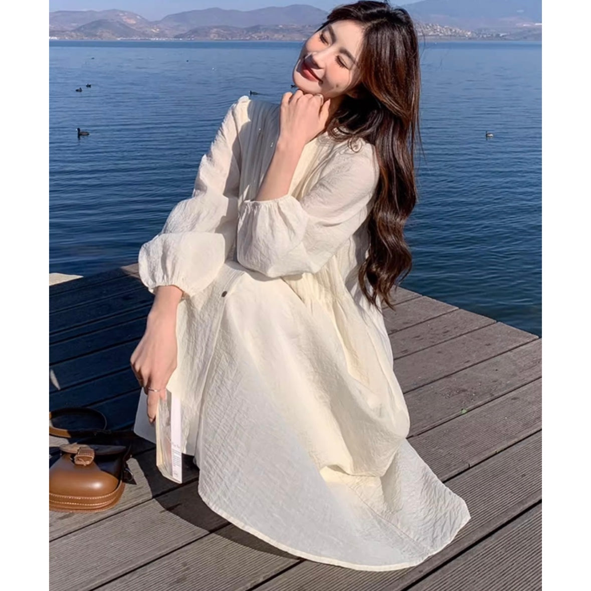 フロントボタンプリーツロングワンピース