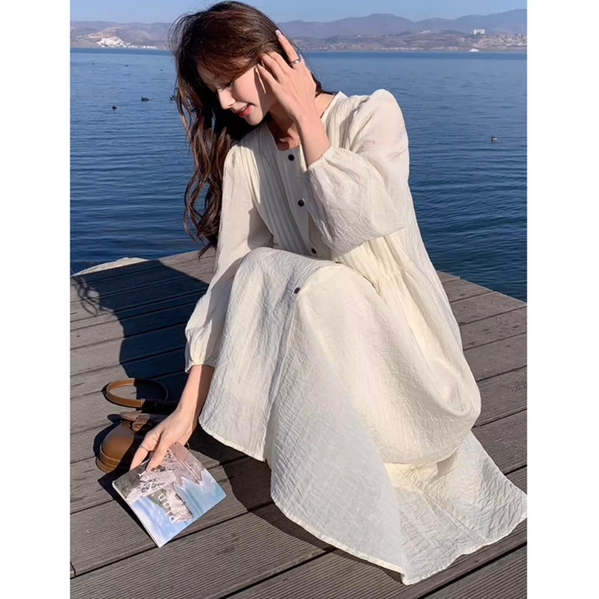 フロントボタンプリーツロングワンピース