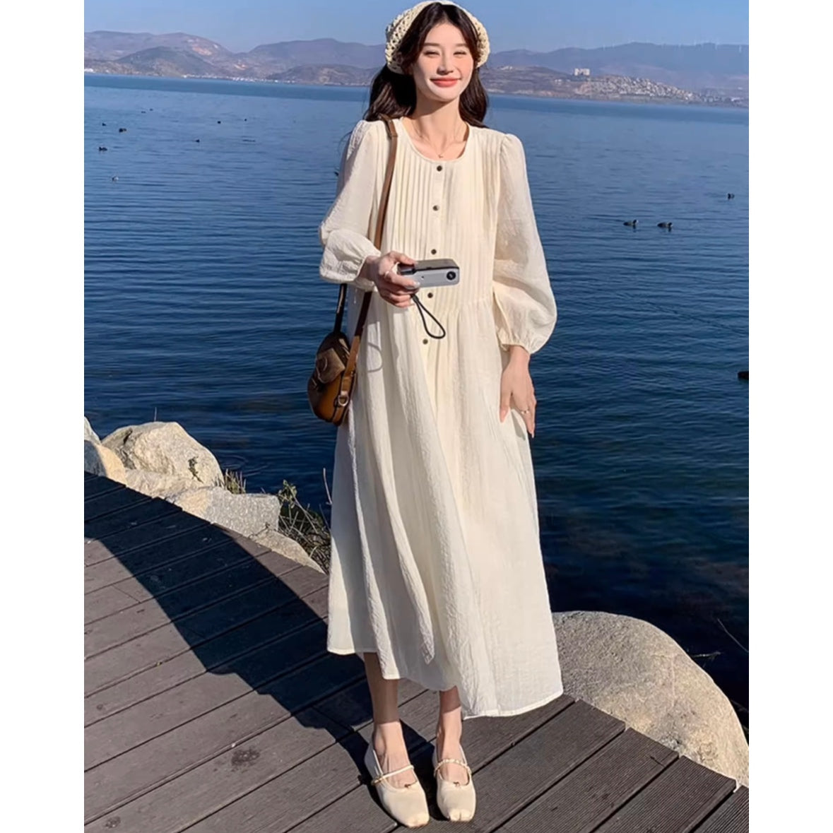 フロントボタンプリーツロングワンピース