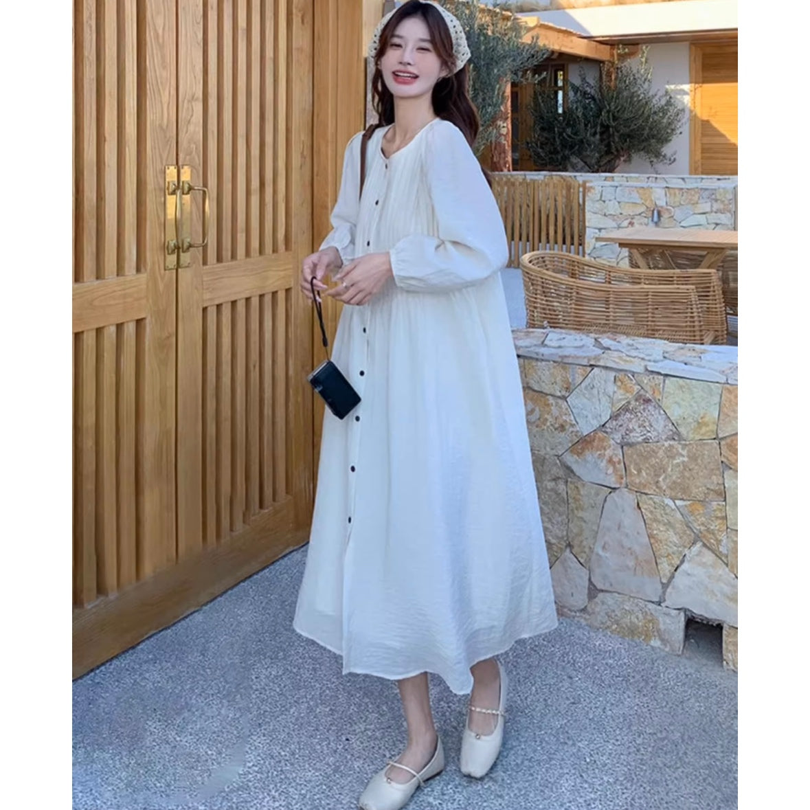 フロントボタンプリーツロングワンピース