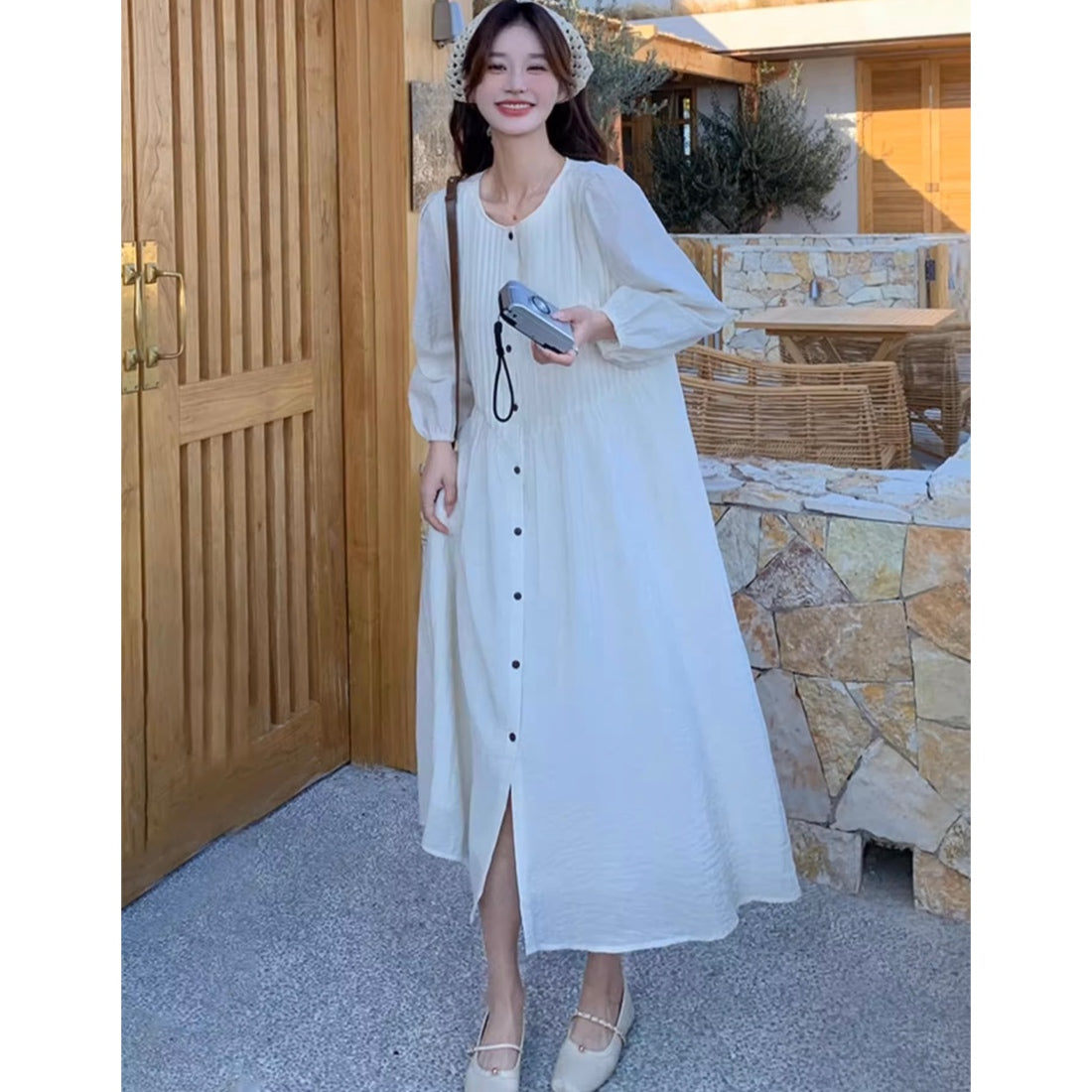 フロントボタンプリーツロングワンピース