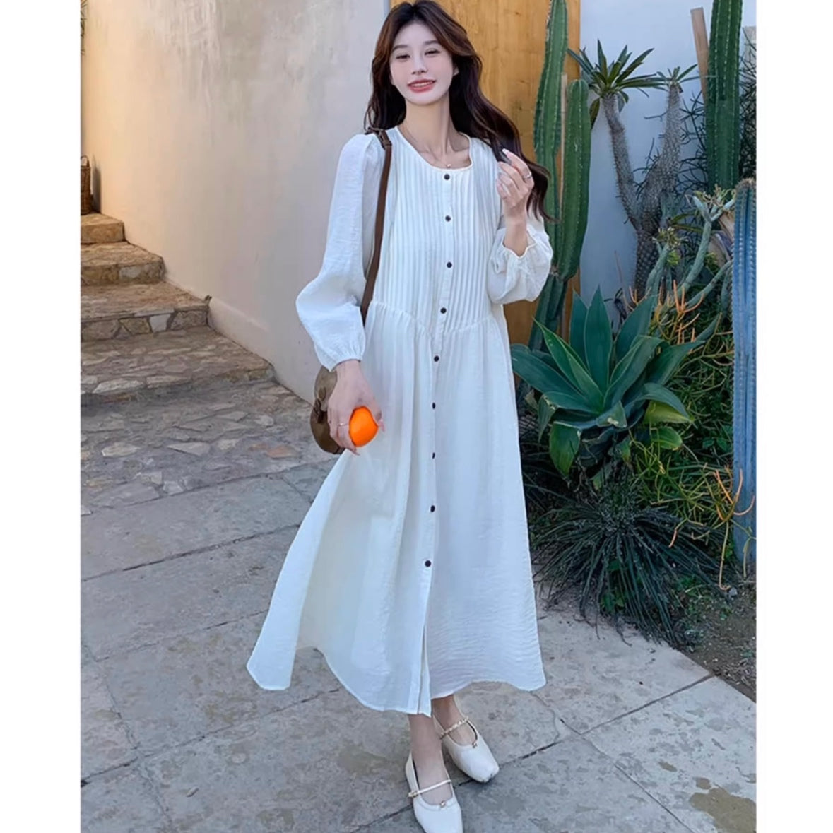 フロントボタンプリーツロングワンピース