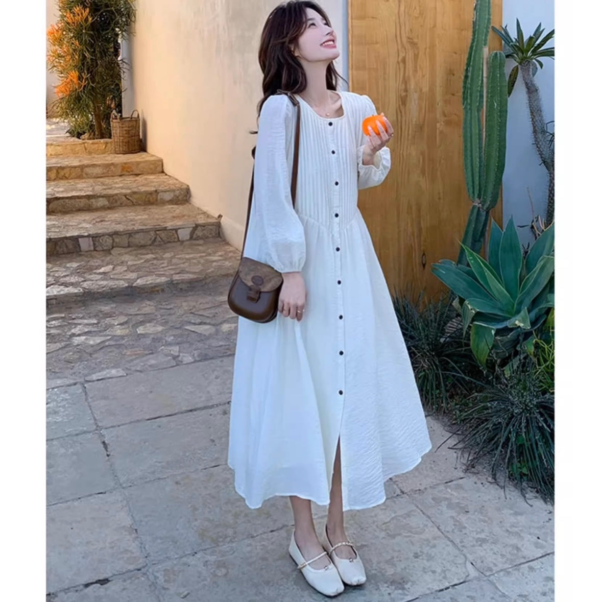 フロントボタンプリーツロングワンピース