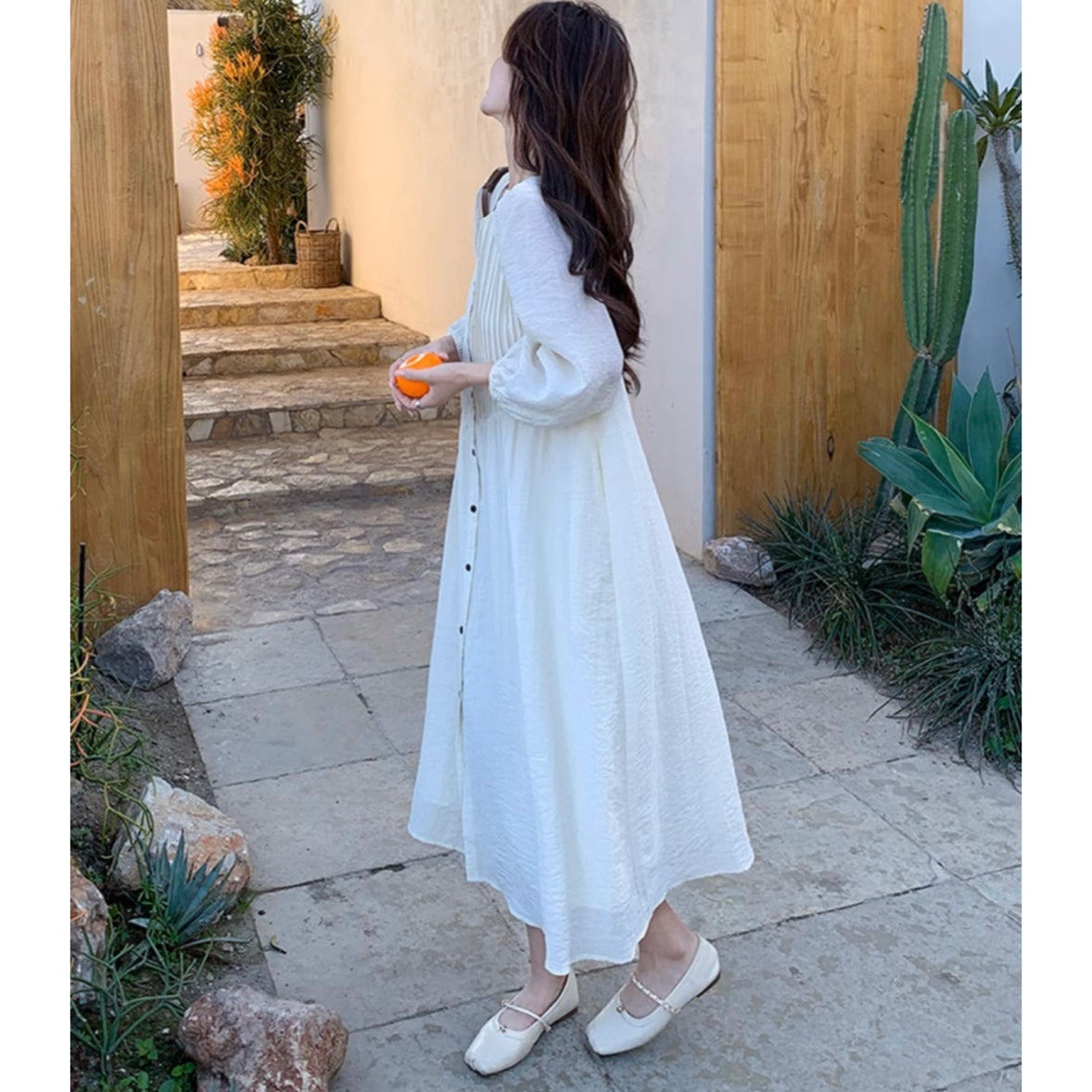 フロントボタンプリーツロングワンピース