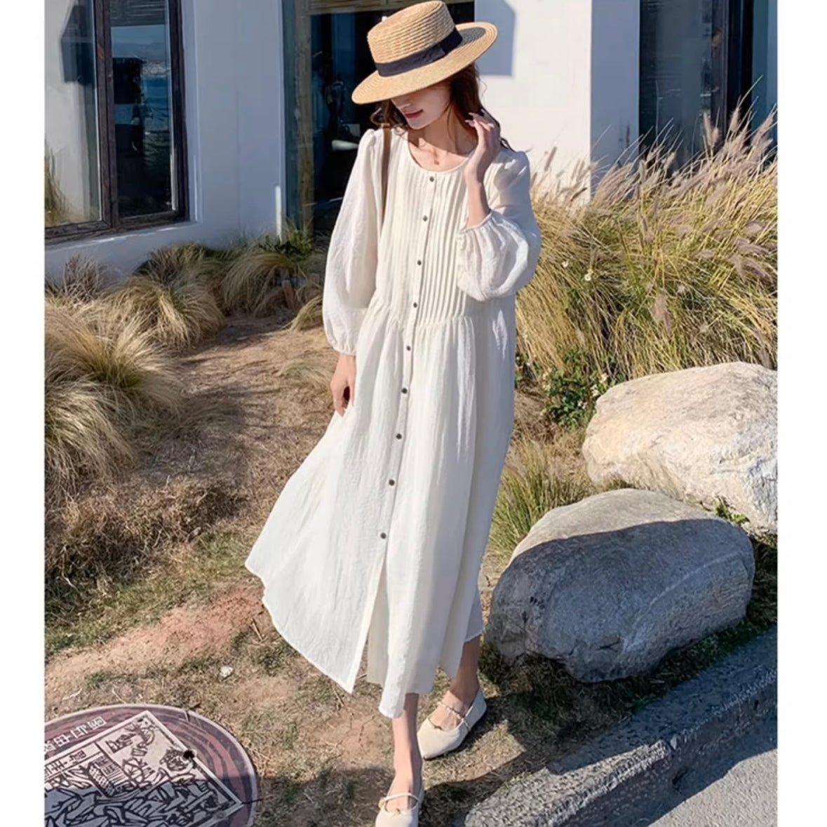 フロントボタンプリーツロングワンピース