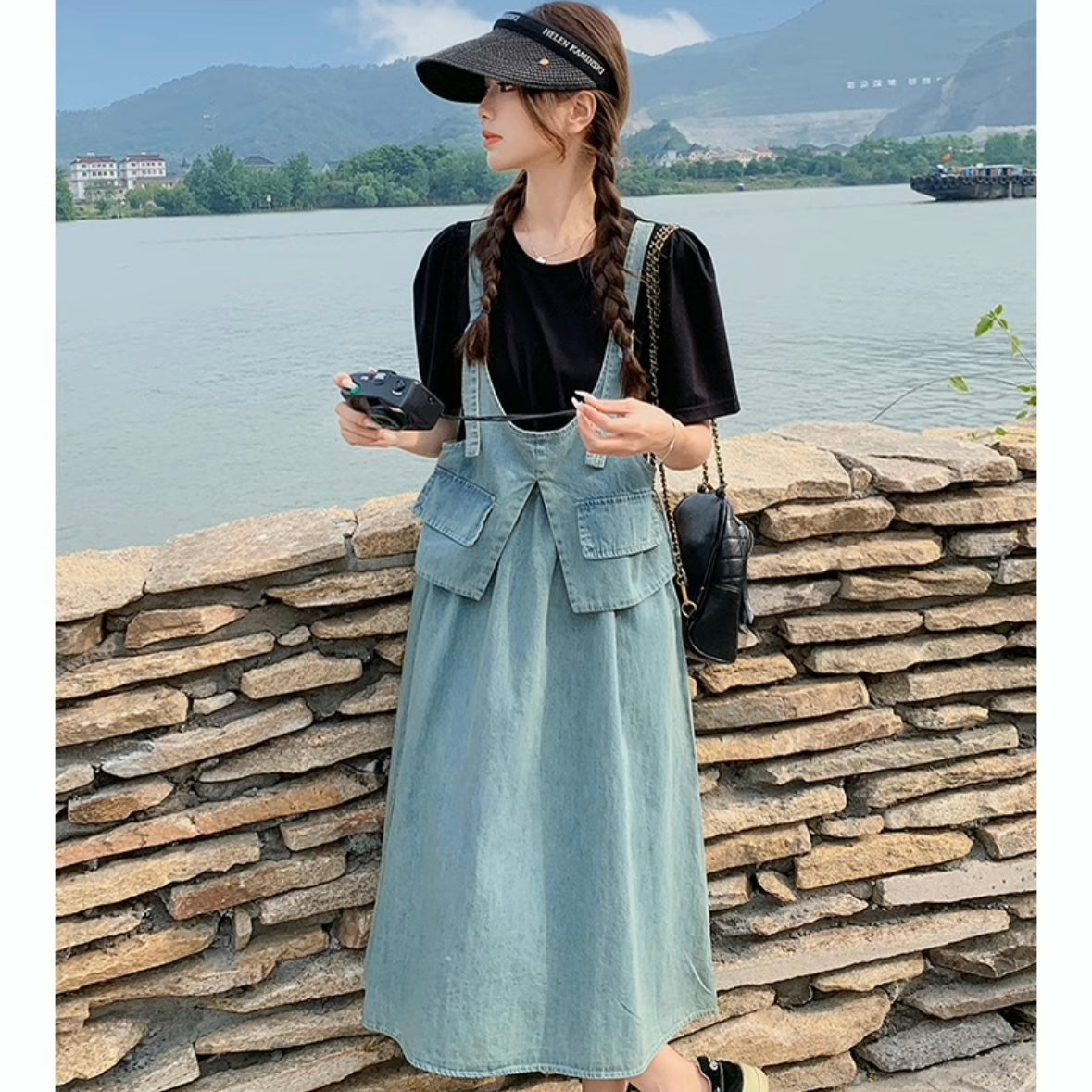 フェイクツーピースサスペンダーワンピース