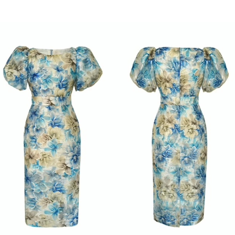 パフスリーブ花柄ミディ丈ワンピース