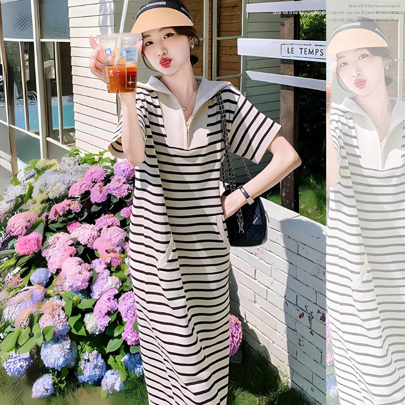 ハーフジップマリンストライプポロワンピース