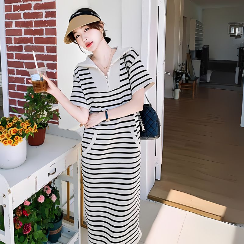 ハーフジップマリンストライプポロワンピース