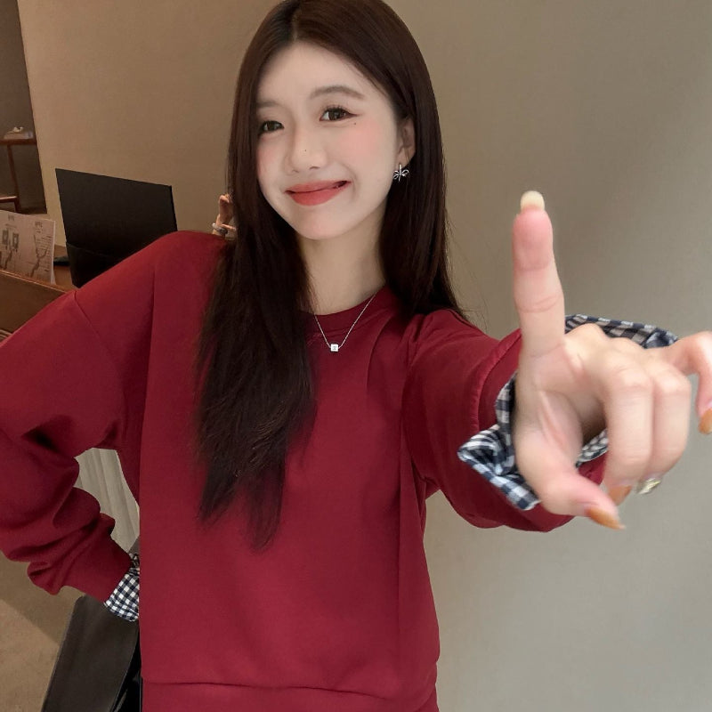 チェックカフストップス×ミニスカート(3colors)