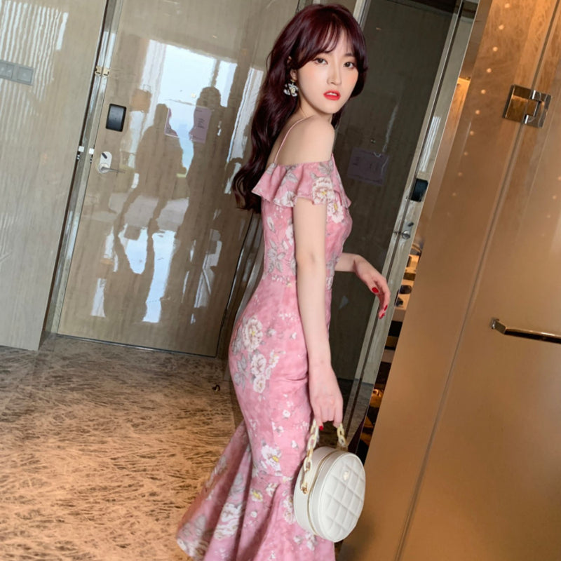 シフォンフラワープリントドレス