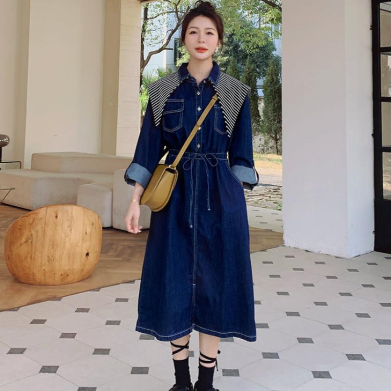 ストライプスカーフ付きデニムワンピース