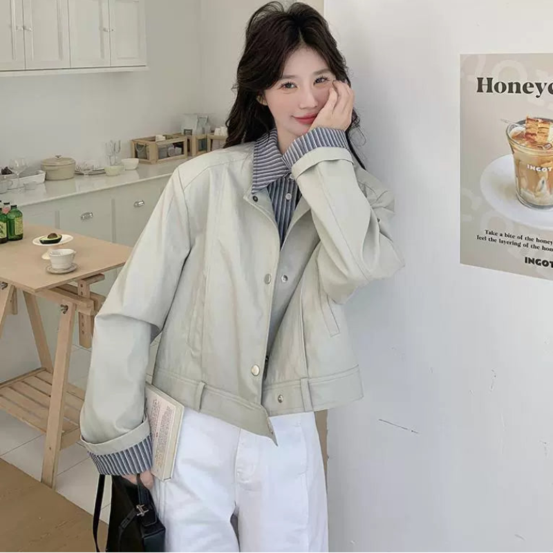 ストライプシャツドッキングPUレザージャケット