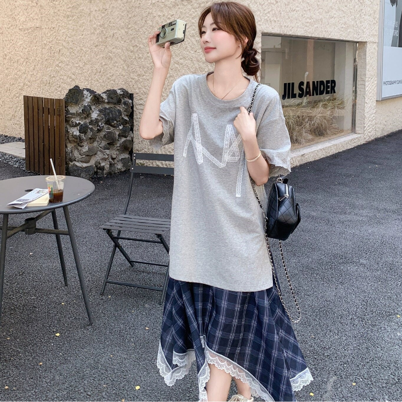 Tシャツドッキングチェックスカートワンピース