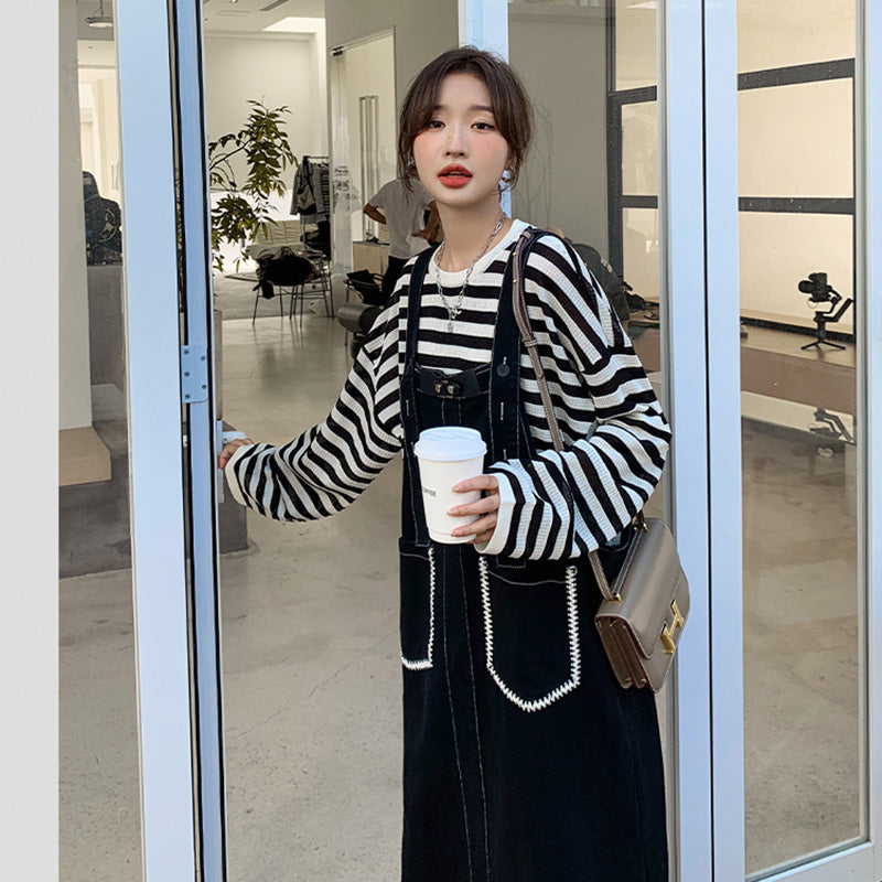 カジュアルボーダートップス×デニムサロペットワンピースセット