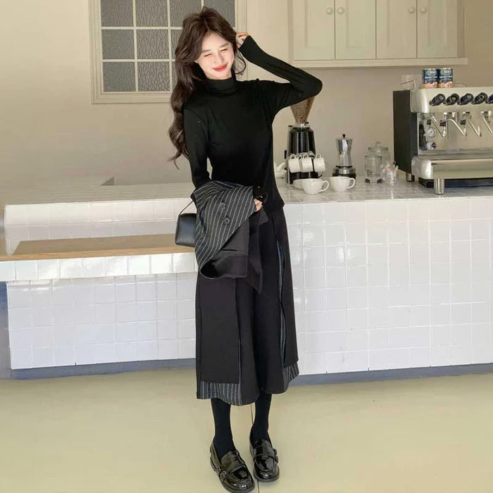 ハイネックトップス×ストライプ切替セットアップ