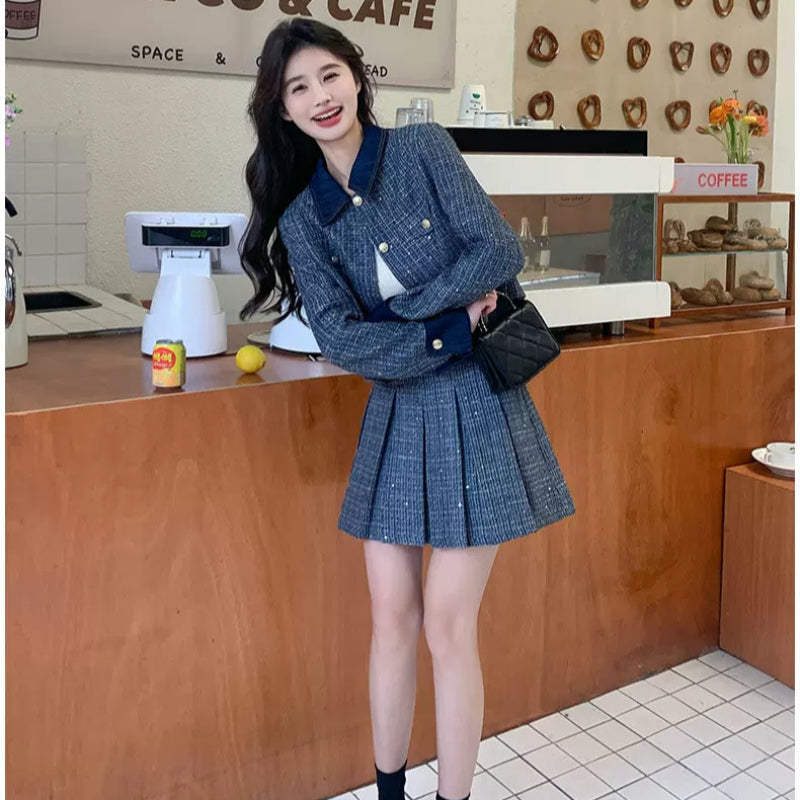 レトロブルージャケット×プリーツミニスカートセット