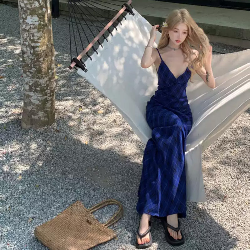 ブルーチェック Vネック バックレスキャミワンピース