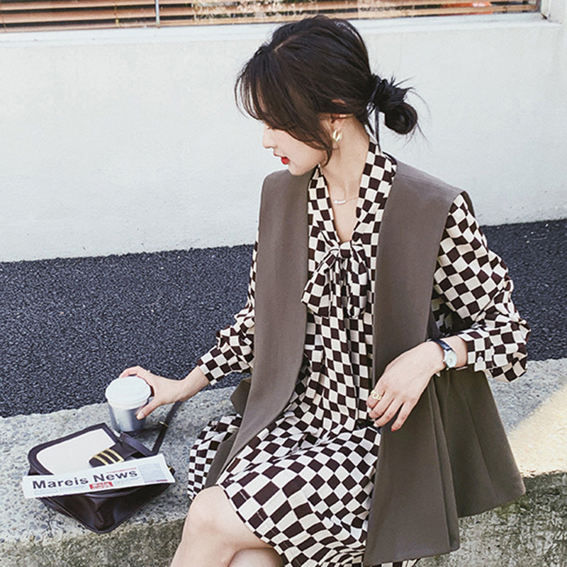 チェック柄ワンピース×ベストセット
