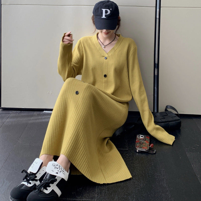 Vネックリラクシーロングニットワンピース(2colors)