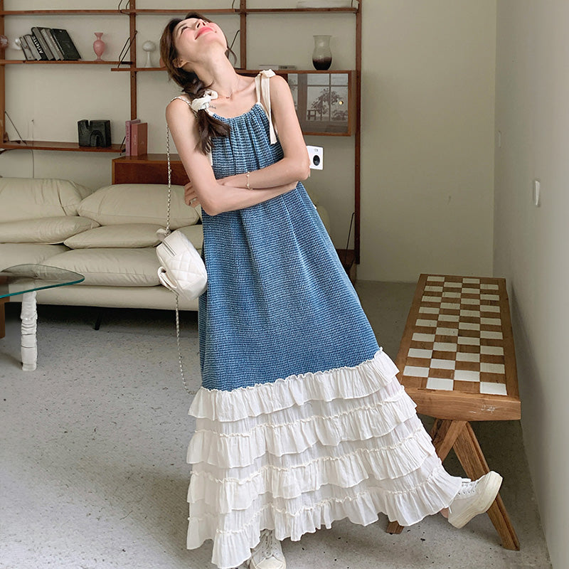 リボンキャミソール切り替えティアードワンピース