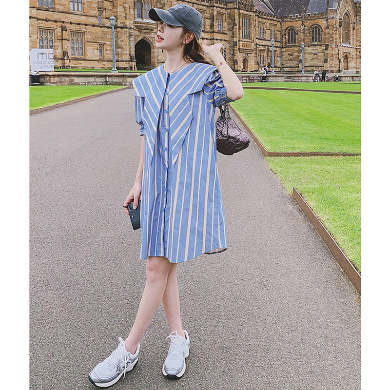 ビッグシルエットストライプケープ風ワンピース