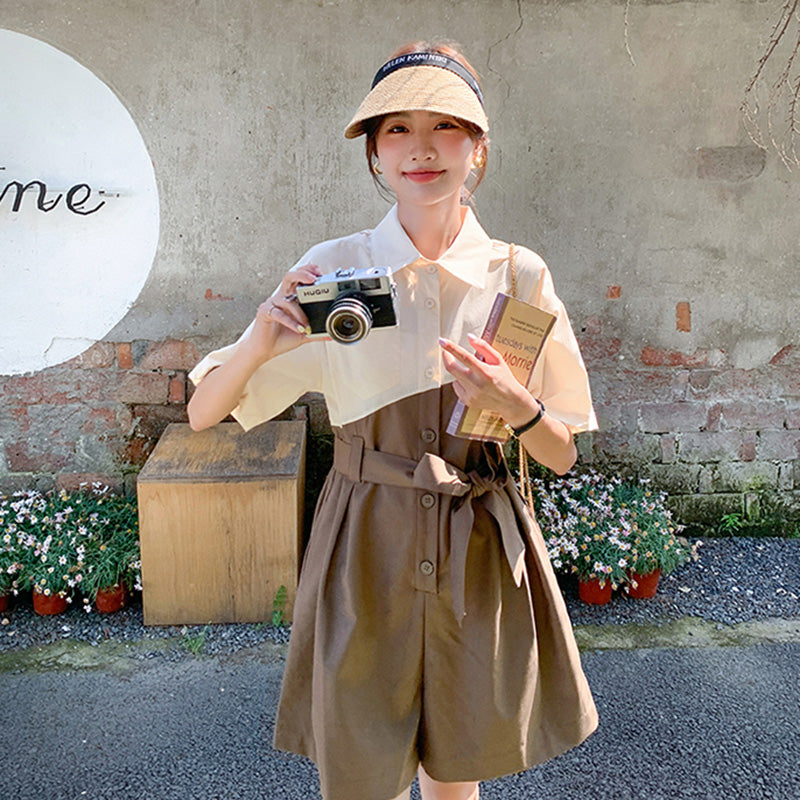 バイカラーウエストリボン ショートオールインワン