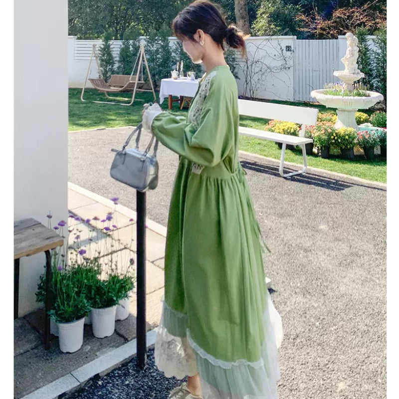 レースステッチロングスリーブワンピース