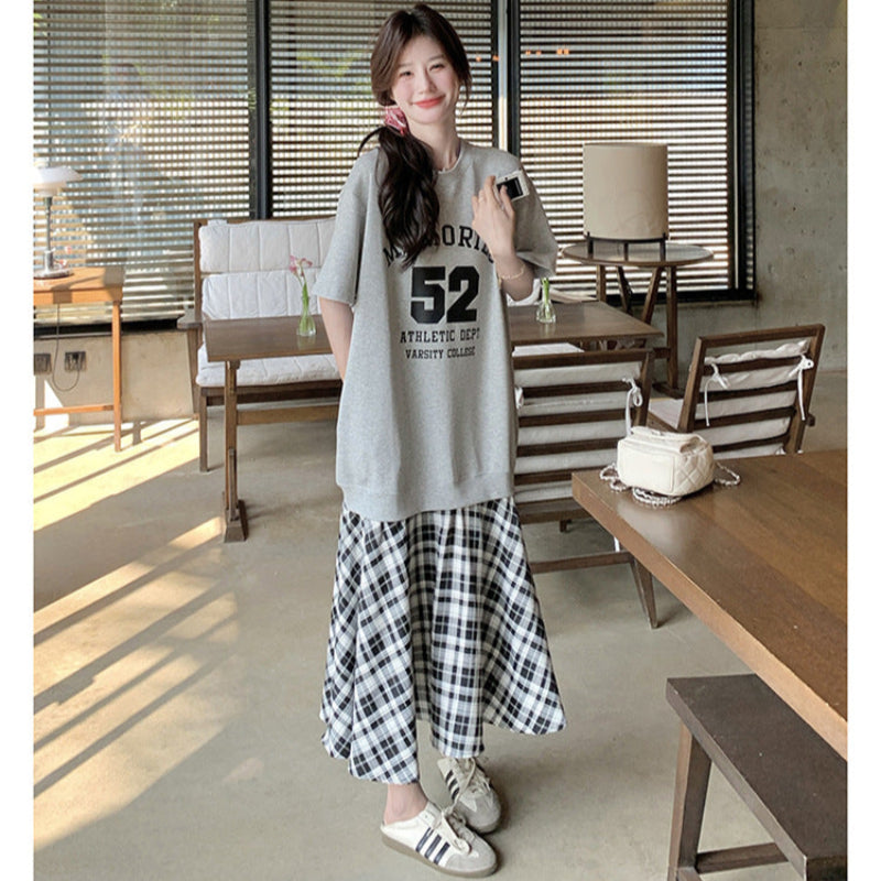 Tシャツ×チェックスカートドッキングワンピース