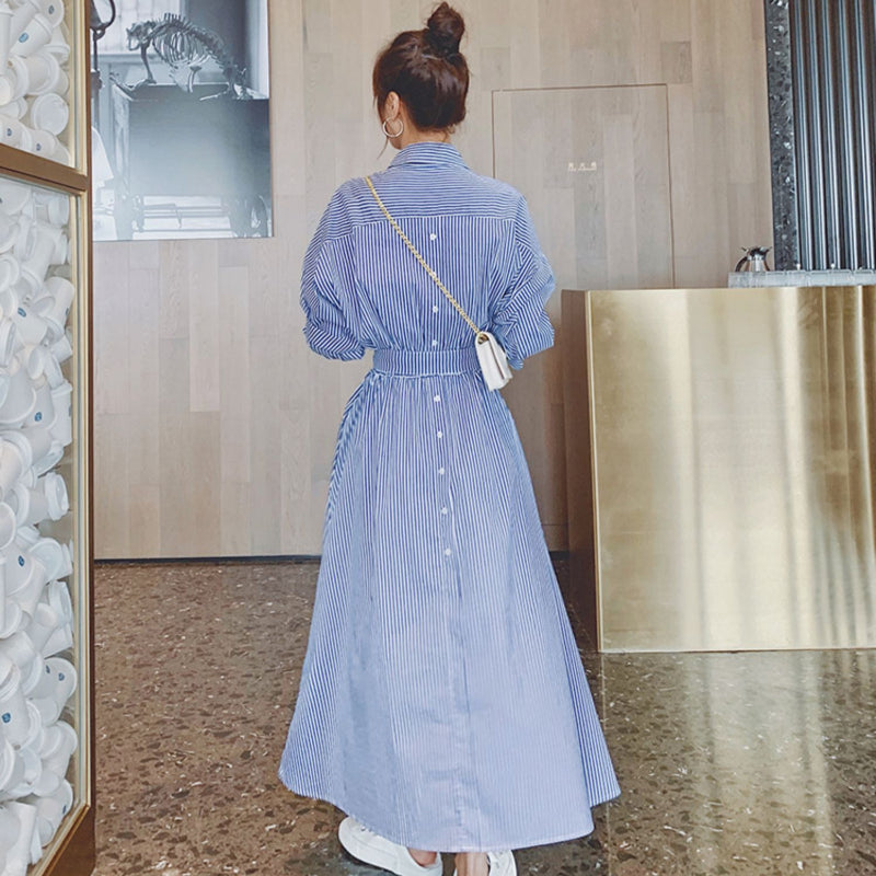 【即納】ブルーストライプシャツワンピース