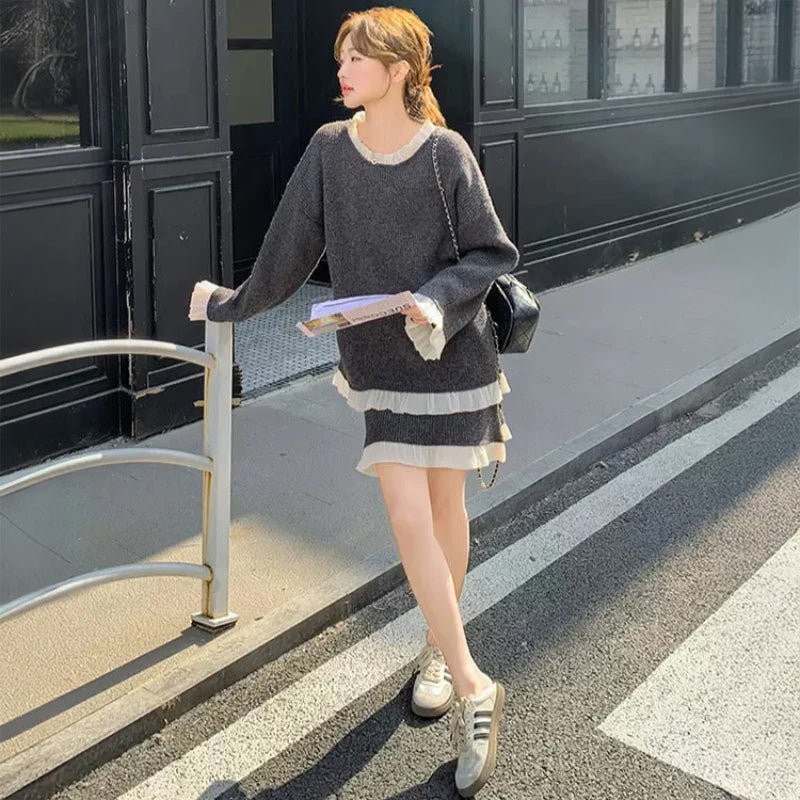 レースデザインニットトップス×ミニスカート(2colors)