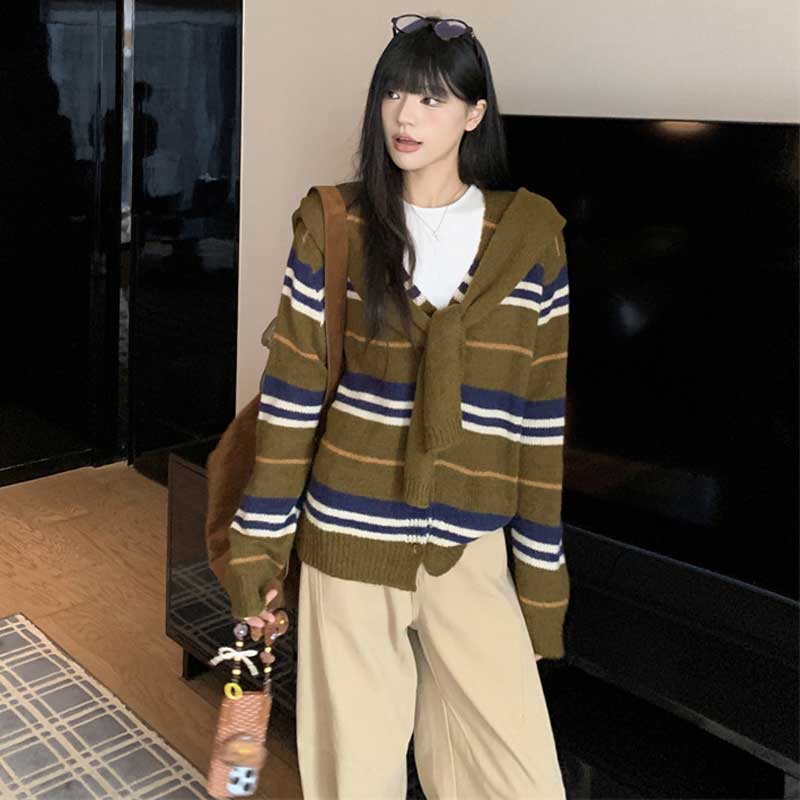 ショール付きボーダーカーディガン