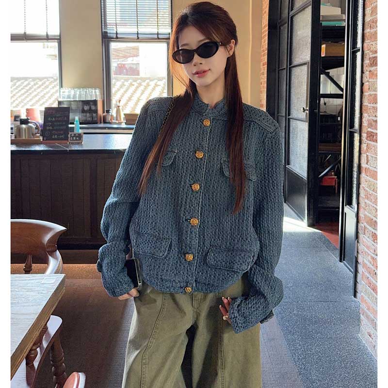 デニム風ノーカラージャケット