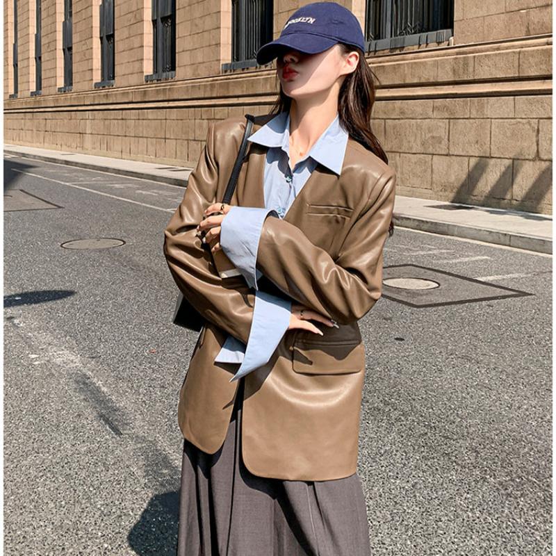 ノーカラーVラインPUレザージャケット