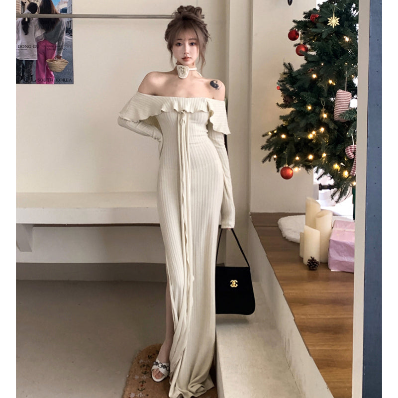 フェミニンオフショルダーリボンフリルスリットドレス