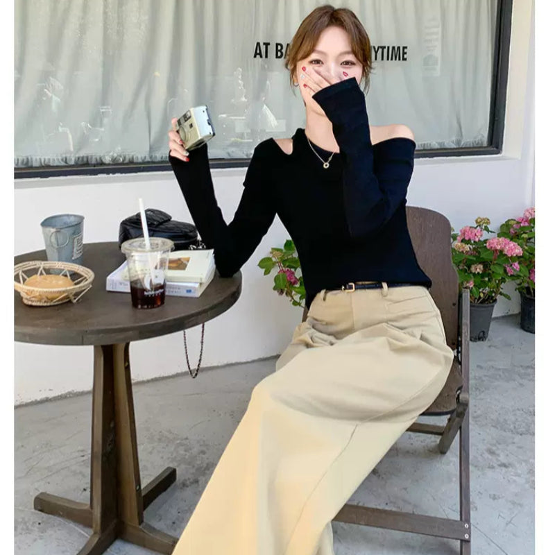 オフショルダーカットソー×ワイドレッグパンツコーデセット