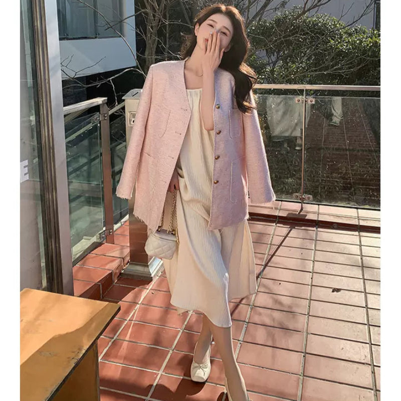 エレガントノーカラーツイードジャケット(3colors)