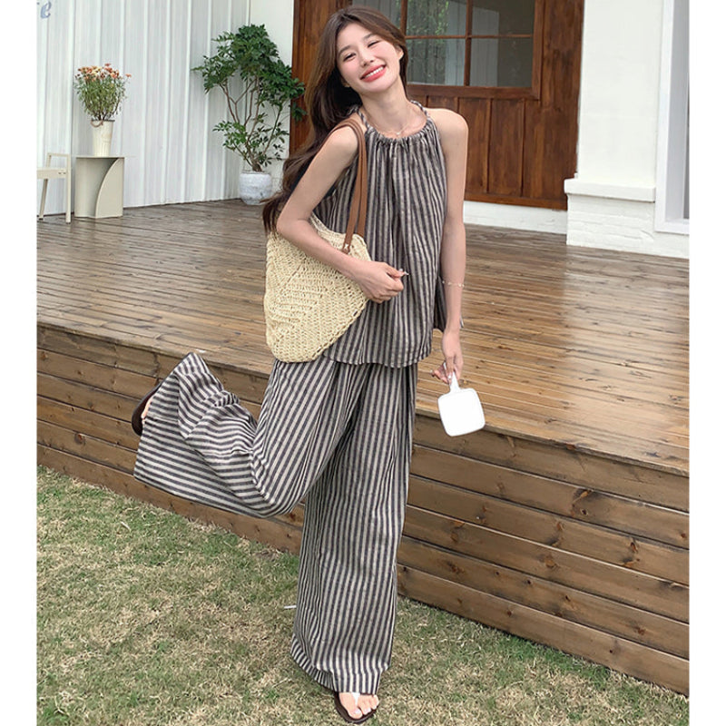 ストライプホルターネックトップス×パンツセット