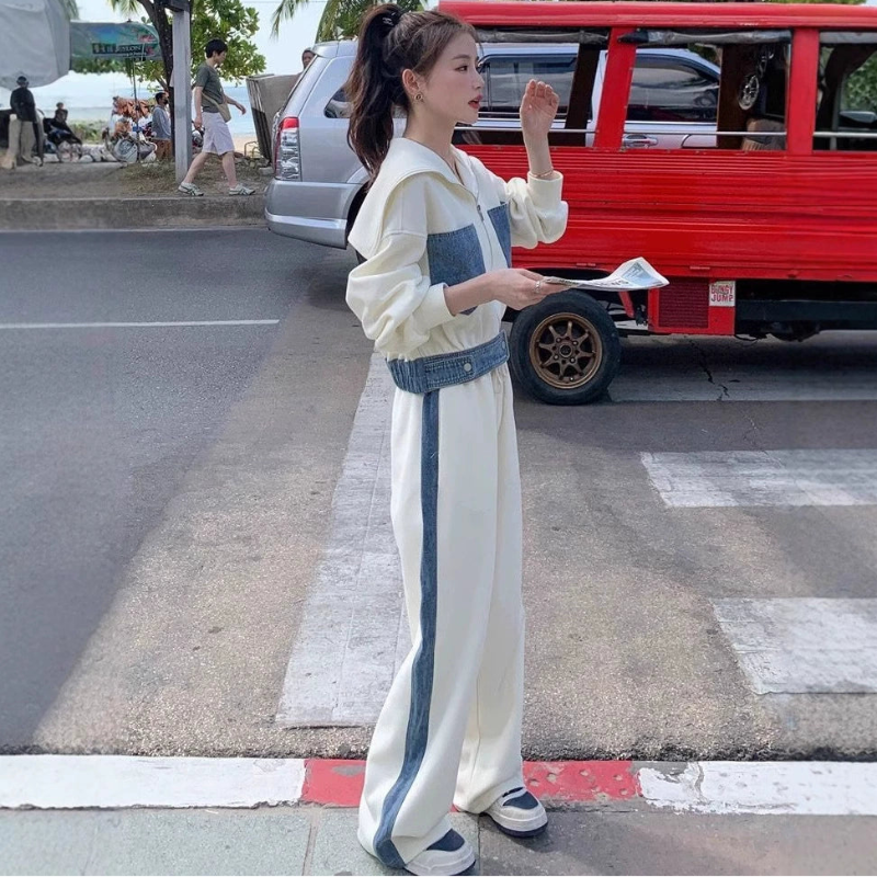 デニムパッチワークスウェットトップス×パンツ(2colors)