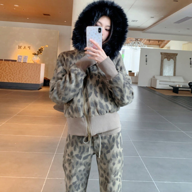 レオパードスウェットファーパーカー×パンツセット