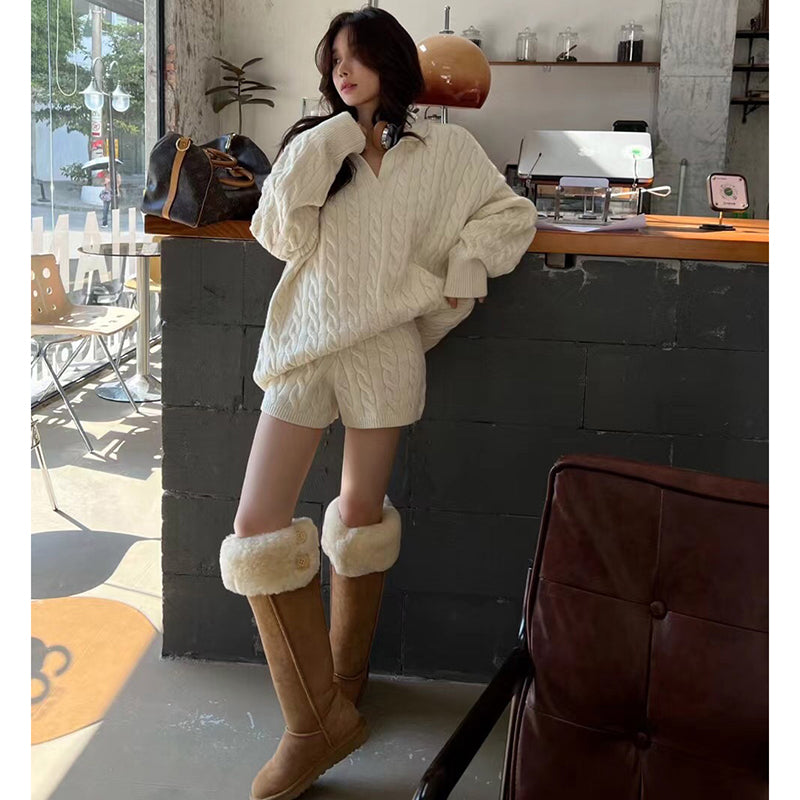 ケーブルニットショートパンツセットアップ