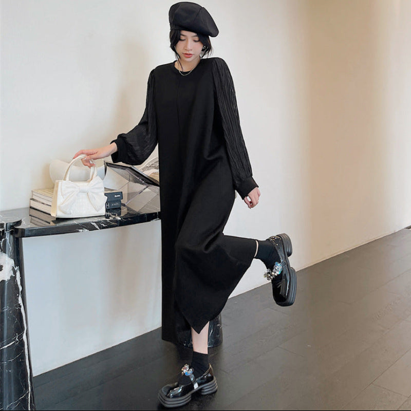 シフォンロングスリーブブラックワンピース