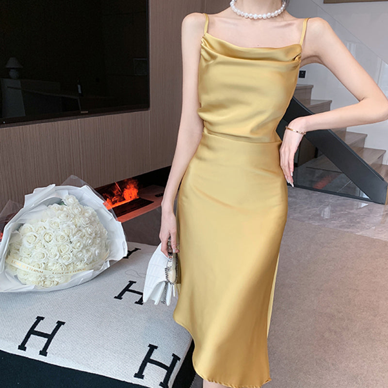 エレガントサテンアシンメトリードレス